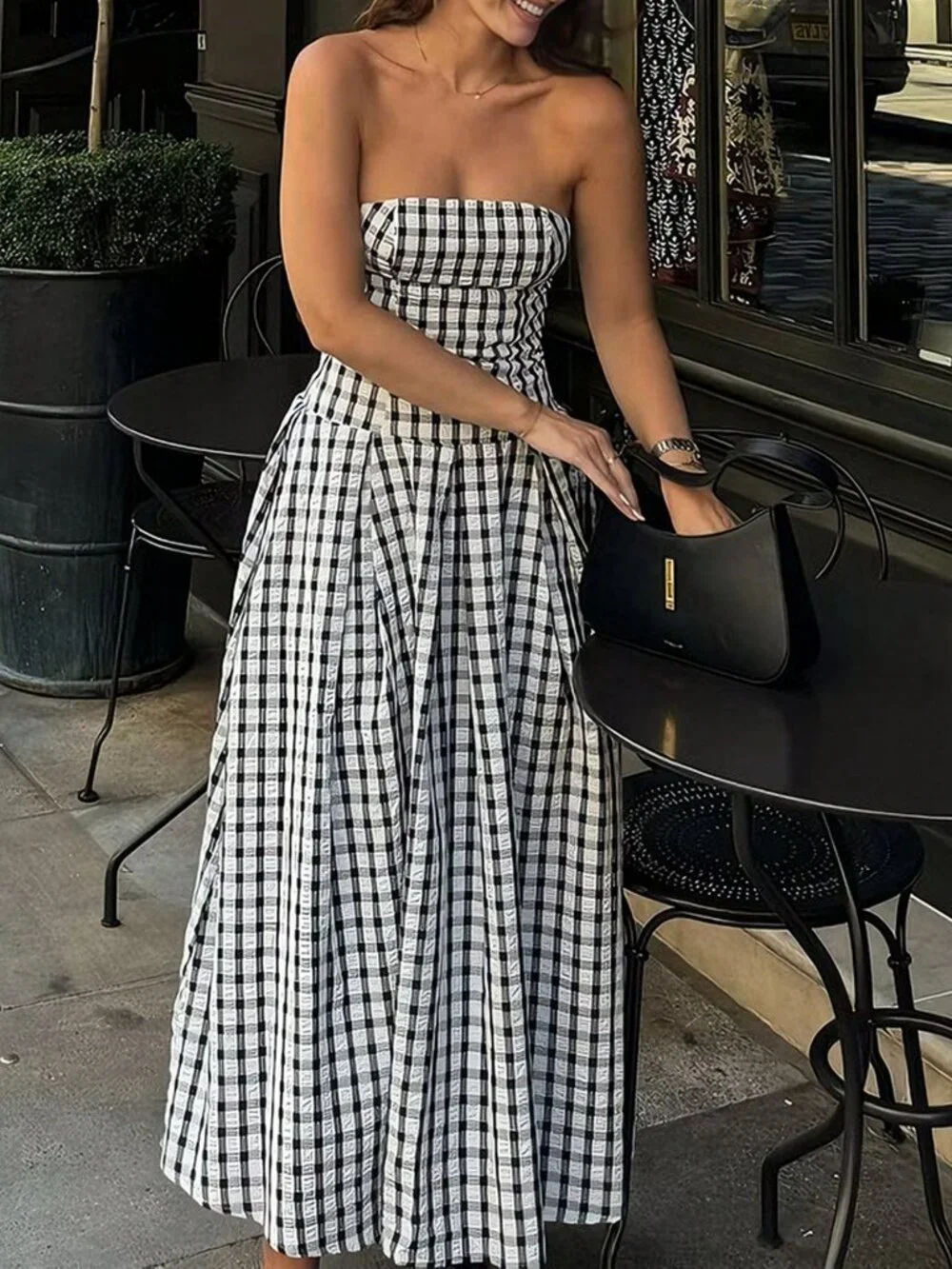 Black And White Casual Women's Plaid Pleated Tube Dress - Picture 1 of 4